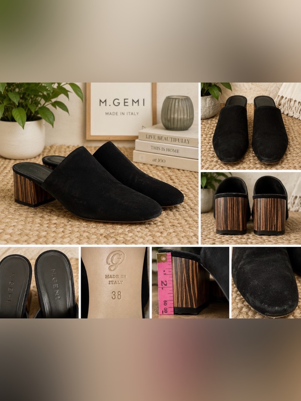 M.Gemi Black Suede Mules Women 38 Made Italy Wood Block Heel Slip On Shoes